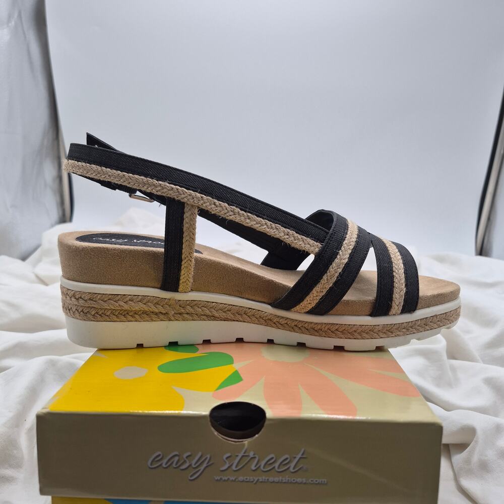 NEW Easy Street Mel wedge sandal black woven jute platform wedge size 8.5 wide
